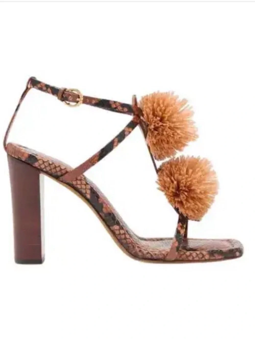 NIB Ulla Johnson Brown Pom-Pom Strappy Block Heel Sandals Size 39.5